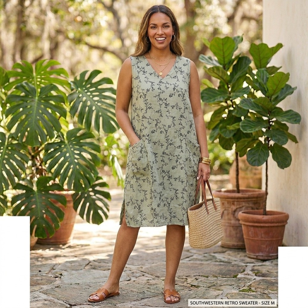 Match Point Dress 100% Linen Small Sage Green Floral Pockets Lagenlook Sleeveles